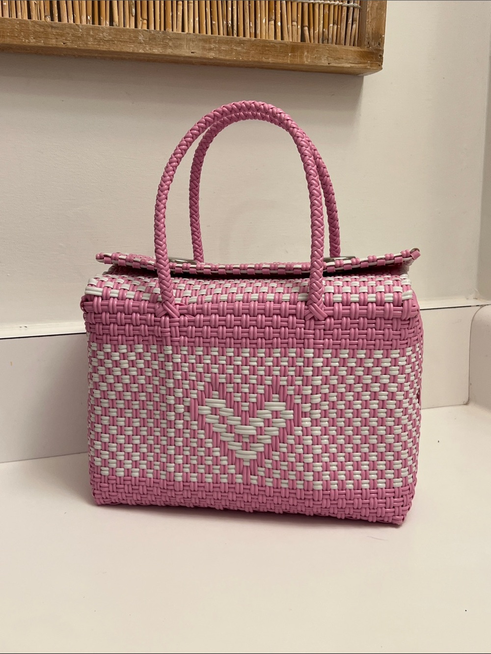 Pink Woven Tote Bag with Heart Accent